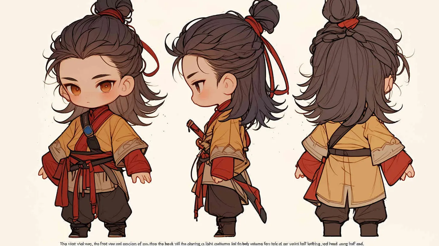 Three views , namely the front view , the side view and the back view，and full body, featuring a Q version of an ancient costume for a boy wearing a light yellow Taoist clothing, red cuffs, half tied long hair, and red headband, long hair over the shoulder， eight character bangs, A three view view view, front, side,  DeI stijil,chibi style,  OC setting, Q-version art style, white background,  ancient style IP design,  best quality, using the Niji v6 version, size must be horizontal version，Three perspectives on the same horizontal line ，4k, super detail , front view -- Niji v6- style 150-- ar 3:2-- style raw - style1部分
