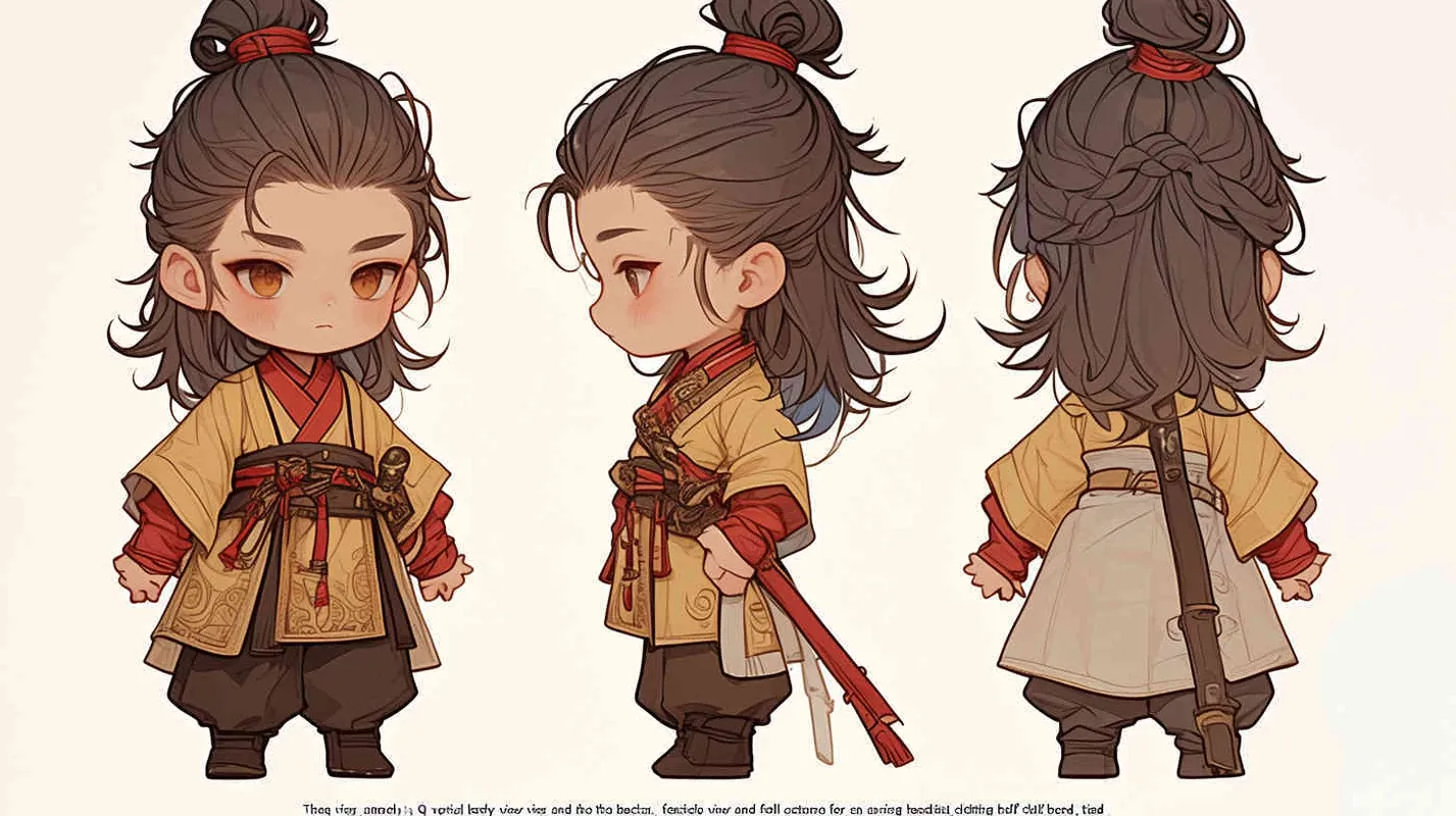 Three views , namely the front view , the side view and the back view，and full body, featuring a Q version of an ancient costume for a boy wearing a light yellow Taoist clothing, red cuffs, half tied long hair, and red headband, long hair over the shoulder， eight character bangs, A three view view view, front, side,  DeI stijil,chibi style,  OC setting, Q-version art style, white background,  ancient style IP design,  best quality, using the Niji v6 version, size must be horizontal version，Three perspectives on the same horizontal line ，4k, super detail , front view -- Niji v6- style 150-- ar 3:2-- style raw - style2部分
