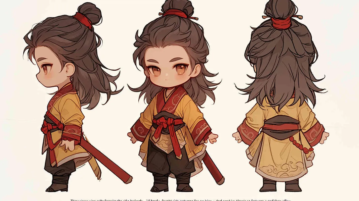Three views , namely the front view , the side view and the back view，and full body, featuring a Q version of an ancient costume for a boy wearing a light yellow Taoist clothing, red cuffs, half tied long hair, and red headband, long hair over the shoulder， eight character bangs, A three view view view, front, side,  DeI stijil,chibi style,  OC setting, Q-version art style, white background,  ancient style IP design,  best quality, using the Niji v6 version, size must be horizontal version，Three perspectives on the same horizontal line ，4k, super detail , front view -- Niji v6- style 150-- ar 3:2-- style raw - style3部分