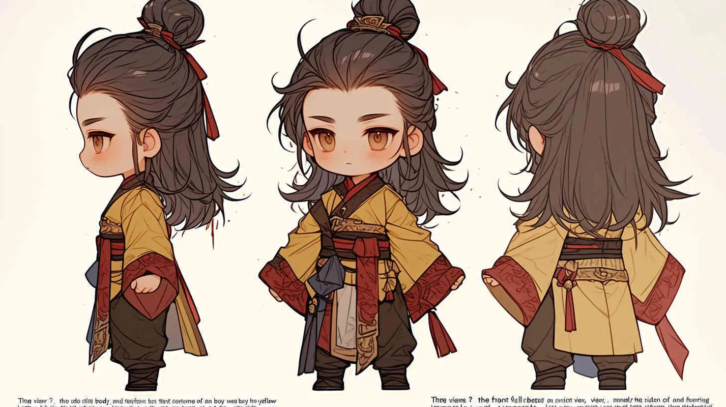 Three views , namely the front view , the side view and the back view，and full body, featuring a Q version of an ancient costume for a boy wearing a light yellow Taoist clothing, red cuffs, half tied long hair, and red headband, long hair over the shoulder， eight character bangs, A three view view view, front, side,  DeI stijil,chibi style,  OC setting, Q-version art style, white background,  ancient style IP design,  best quality, using the Niji v6 version, size must be horizontal version，Three perspectives on the same horizontal line ，4k, super detail , front view -- Niji v6- style 150-- ar 3:2-- style raw - style4部分