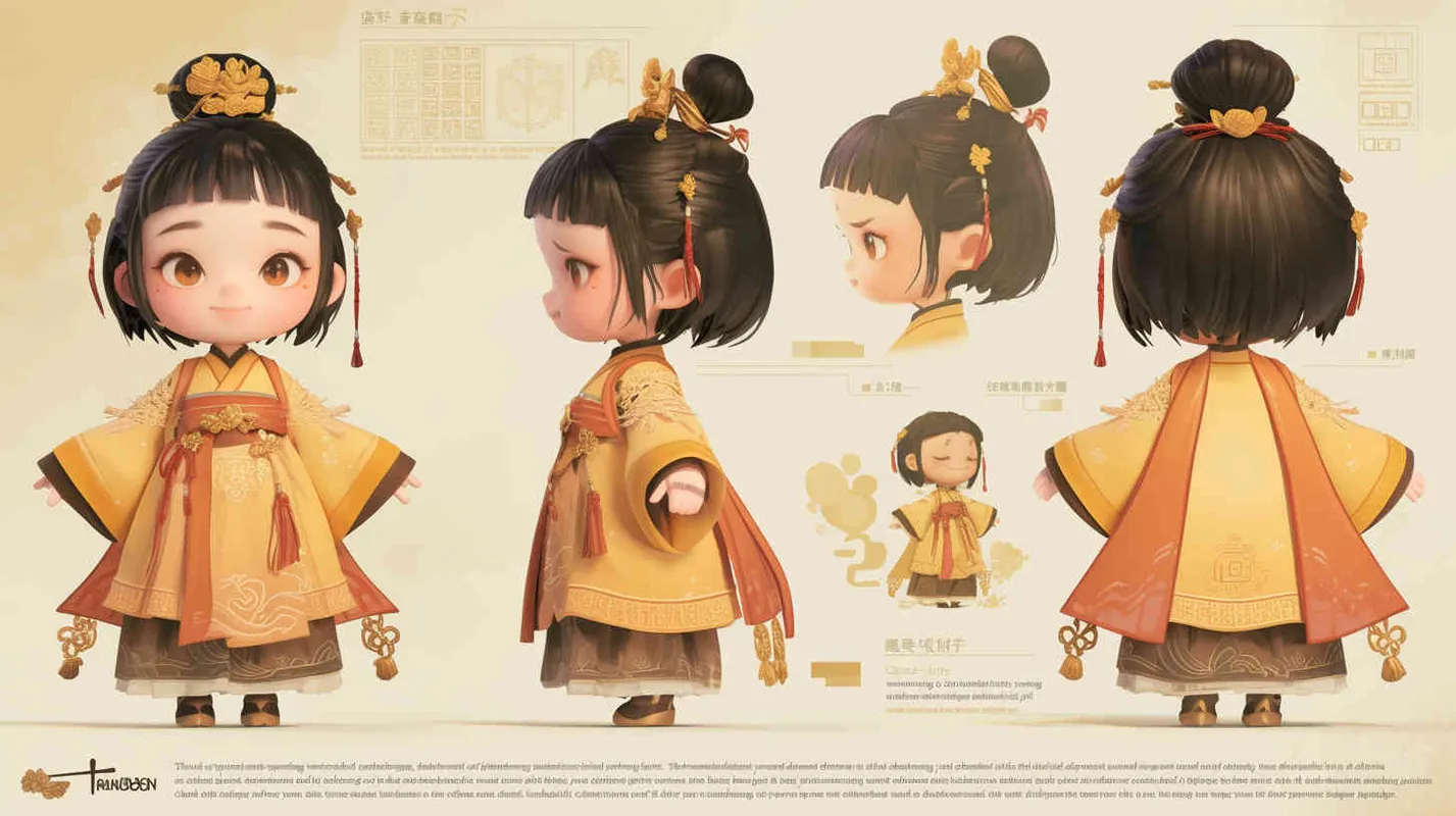 Chibi style, watercolor background, colorfulfantasy realism portrait,a mascot of an ancient young girl,a dark cute cartoon animecharacter design of an ancient young girlwith short hair,she wears a light yellowand orange Hanfu with short sleeves,cuteancient young girl 3D IP triple view,laughhappily,enerate three views, firstly the frontview, secondly the left view, thirdly theback view,full body, clean background, popmart,pixar,IP,blind box, clay material, pastelcolor, Studio light, octane render, 3D,C4D,blender, hyper quality,Ultra HD,8K --ar 16:9--niji 6 - style1部分