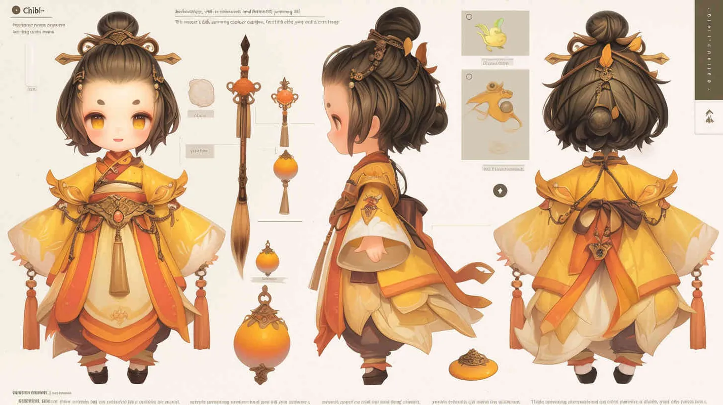 Chibi style, watercolor background, colorfulfantasy realism portrait,a mascot of an ancient young girl,a dark cute cartoon animecharacter design of an ancient young girlwith short hair,she wears a light yellowand orange Hanfu with short sleeves,cuteancient young girl 3D IP triple view,laughhappily,enerate three views, firstly the frontview, secondly the left view, thirdly theback view,full body, clean background, popmart,pixar,IP,blind box, clay material, pastelcolor, Studio light, octane render, 3D,C4D,blender, hyper quality,Ultra HD,8K --ar 16:9--niji 6 - style2部分