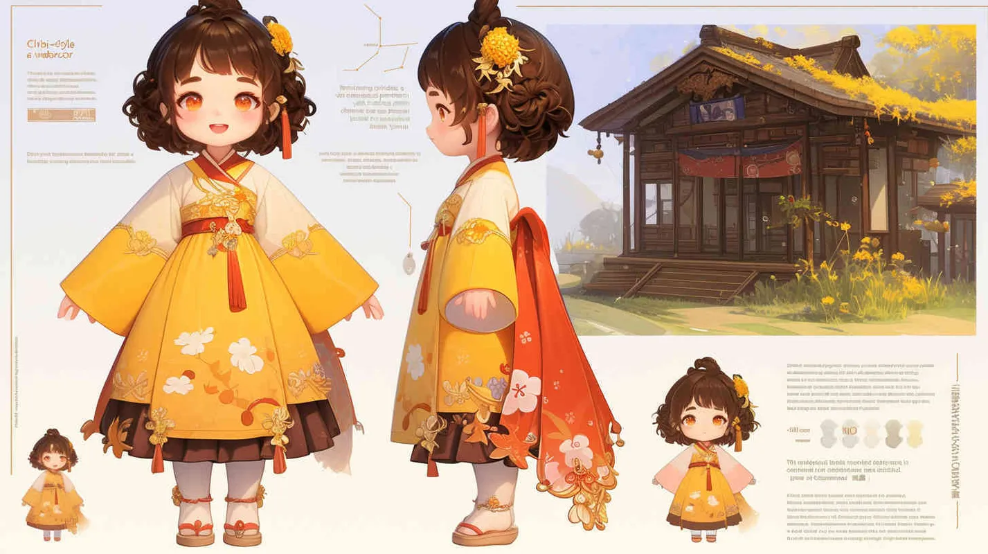 Chibi style, watercolor background, colorfulfantasy realism portrait,a mascot of an ancient young girl,a dark cute cartoon animecharacter design of an ancient young girlwith short hair,she wears a light yellowand orange Hanfu with short sleeves,cuteancient young girl 3D IP triple view,laughhappily,enerate three views, firstly the frontview, secondly the left view, thirdly theback view,full body, clean background, popmart,pixar,IP,blind box, clay material, pastelcolor, Studio light, octane render, 3D,C4D,blender, hyper quality,Ultra HD,8K --ar 16:9--niji 6 - style3部分