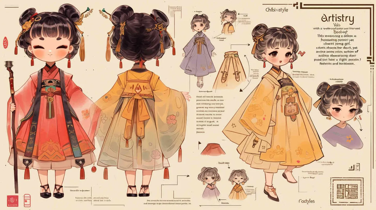Chibi style, watercolor background, colorfulfantasy realism portrait,a mascot of an ancient young girl,a dark cute cartoon animecharacter design of an ancient young girlwith short hair,she wears a light yellowand orange Hanfu with short sleeves,cuteancient young girl 3D IP triple view,laughhappily,enerate three views, firstly the frontview, secondly the left view, thirdly theback view,full body, clean background, popmart,pixar,IP,blind box, clay material, pastelcolor, Studio light, octane render, 3D,C4D,blender, hyper quality,Ultra HD,8K --ar 16:9--niji 6 - style4部分