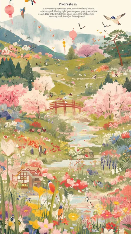 procreate仿水彩风格，水彩工笔画，粉色，浅紫色，草绿色，鹅黄色，天蓝色，大片五颜六色的花田，有各种品种的鲜花盛开，蝴蝶围绕鲜花飞舞，柳树，柳枝随风摇曳，有燕子，风筝，小桥流水，远方有青山绿水，图案全是水彩画画风，类似宫崎骏的彩色漫画，但是水彩感更明显，画面鲜艳、明亮但柔和，生机勃勃，富有春天的气息 - style1部分