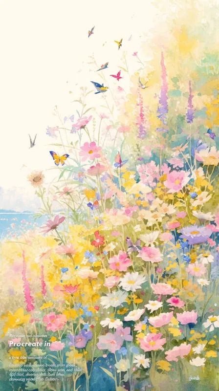 procreate仿水彩风格，水彩工笔画，粉色，浅紫色，草绿色，鹅黄色，天蓝色，大片五颜六色的花田，有各种品种的鲜花盛开，蝴蝶围绕鲜花飞舞，柳树，柳枝随风摇曳，有燕子，风筝，小桥流水，远方有青山绿水，图案全是水彩画画风，类似宫崎骏的彩色漫画，但是水彩感更明显，画面鲜艳、明亮但柔和，生机勃勃，富有春天的气息 - style2部分