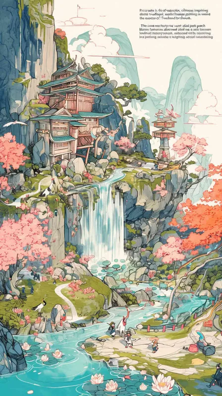 procreate仿水彩风格，水彩工笔画，中国传统山水画水墨风，写意画，画面有大片桃花林，有一片美丽的瀑布，瀑布前有彩虹，很大的草坪，草坪前开满了五颜六色的鲜花，有仙鹤和小松鼠在嬉戏玩耍，画面生机勃勃，非常美丽 - style3部分