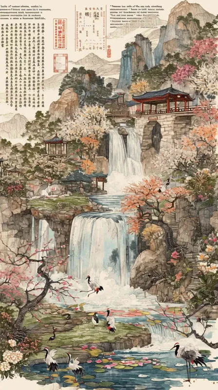 procreate仿水彩风格，水彩工笔画，中国传统山水画水墨风，写意画，画面有大片桃花林，有一片美丽的瀑布，瀑布前有彩虹，很大的草坪，草坪前开满了五颜六色的鲜花，有仙鹤和小松鼠在嬉戏玩耍，画面生机勃勃，非常美丽 - style4部分