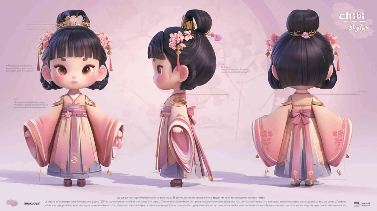 Chibi style, watercolor background, colorfulfantasy realism portrait,a mascot of an ancient young girl,a dark cute cartoon animecharacter design of an ancient young girlwith short hair,she wears a 
 light pink and purple Hanfu with short sleeves,cuteancient young girl 3D IP triple view,laughhappily,enerate three views, firstly the frontview, secondly the left view, thirdly theback view,full body, clean background, popmart,pixar,IP,blind box, clay material, pastelcolor, Studio light, octane render, 3D,C4D,blender, hyper quality,Ultra HD,8K --ar 16:9--niji 6  - style1部分