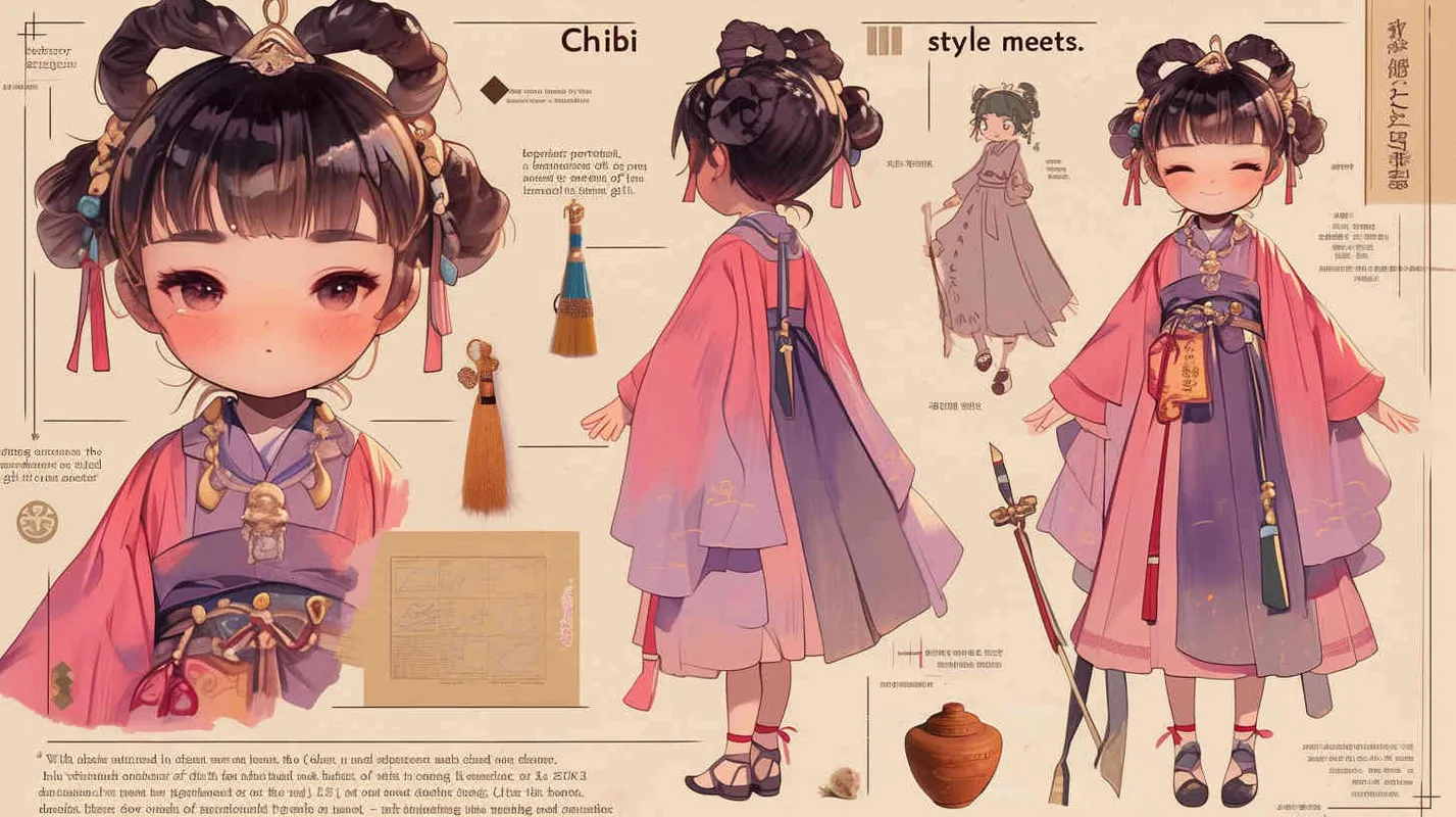 Chibi style, watercolor background, colorfulfantasy realism portrait,a mascot of an ancient young girl,a dark cute cartoon animecharacter design of an ancient young girlwith short hair,she wears a 
 light pink and purple Hanfu with short sleeves,cuteancient young girl 3D IP triple view,laughhappily,enerate three views, firstly the frontview, secondly the left view, thirdly theback view,full body, clean background, popmart,pixar,IP,blind box, clay material, pastelcolor, Studio light, octane render, 3D,C4D,blender, hyper quality,Ultra HD,8K --ar 16:9--niji 6  - style2部分