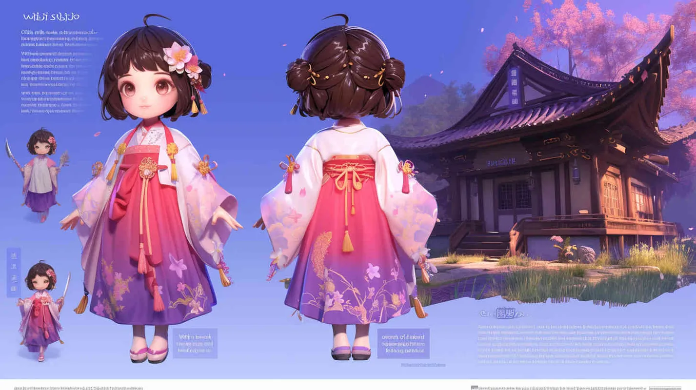 Chibi style, watercolor background, colorfulfantasy realism portrait,a mascot of an ancient young girl,a dark cute cartoon animecharacter design of an ancient young girlwith short hair,she wears a 
 light pink and purple Hanfu with short sleeves,cuteancient young girl 3D IP triple view,laughhappily,enerate three views, firstly the frontview, secondly the left view, thirdly theback view,full body, clean background, popmart,pixar,IP,blind box, clay material, pastelcolor, Studio light, octane render, 3D,C4D,blender, hyper quality,Ultra HD,8K --ar 16:9--niji 6  - style3部分