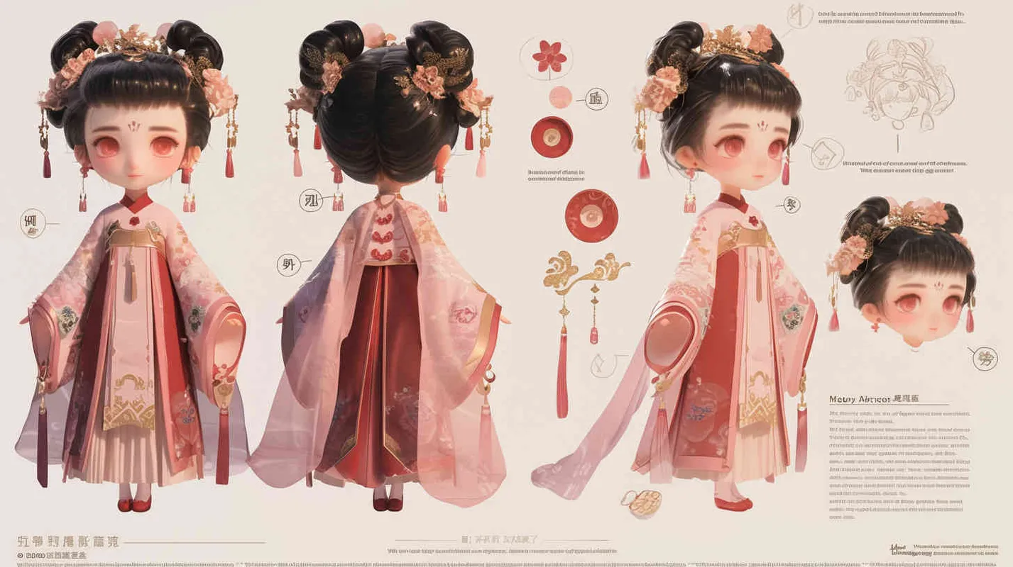 Chibi style, watercolor background, colorfulfantasy realism portrait,a mascot of an ancient young girl,a dark cute cartoon animecharacter design of an ancient young girlwith short hair,she wears a 
 light pink and purple Hanfu with short sleeves,cuteancient young girl 3D IP triple view,laughhappily,enerate three views, firstly the frontview, secondly the left view, thirdly theback view,full body, clean background, popmart,pixar,IP,blind box, clay material, pastelcolor, Studio light, octane render, 3D,C4D,blender, hyper quality,Ultra HD,8K --ar 16:9--niji 6  - style4部分
