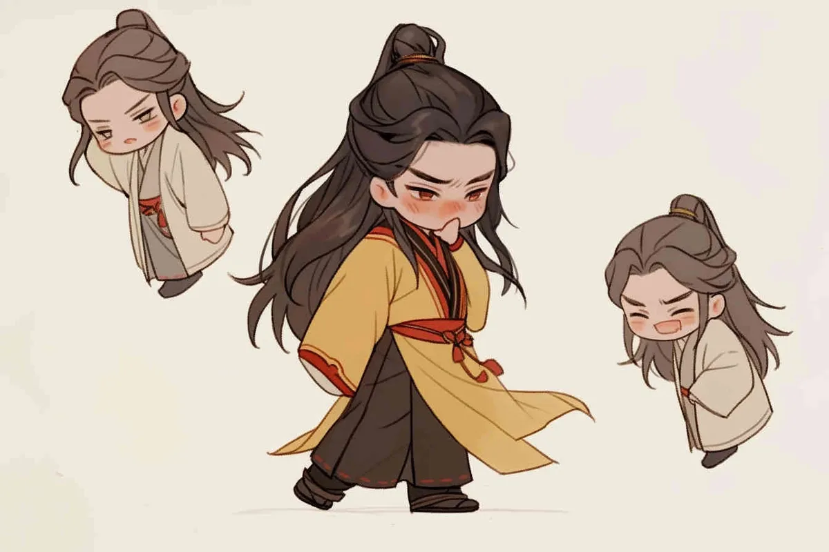 Nine postures and expressions, happy, angry, sad, crying, cute, looking forward, disappointed, surprised, speechless, shy, a Q-version ancient costume boy, wearing a light yellow Taoist robe, red cuffs, long hair half tied, red headband, long hair shawl, eight shaped bangs, white background, DeI stijil, chibi style, sharp illustrations, bold lines and solid colors, simple details, minimalism, line art, sticker art, - s750 niji 5 - style1部分