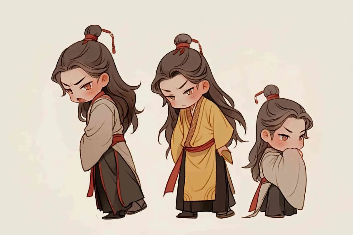 Nine postures and expressions, happy, angry, sad, crying, cute, looking forward, disappointed, surprised, speechless, shy, a Q-version ancient costume boy, wearing a light yellow Taoist robe, red cuffs, long hair half tied, red headband, long hair shawl, eight shaped bangs, white background, DeI stijil, chibi style, sharp illustrations, bold lines and solid colors, simple details, minimalism, line art, sticker art, - s750 niji 5 - style2部分