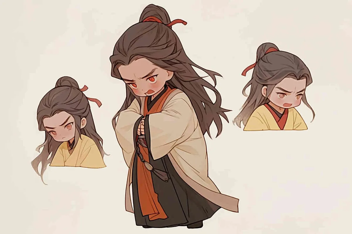 Nine postures and expressions, happy, angry, sad, crying, cute, looking forward, disappointed, surprised, speechless, shy, a Q-version ancient costume boy, wearing a light yellow Taoist robe, red cuffs, long hair half tied, red headband, long hair shawl, eight shaped bangs, white background, DeI stijil, chibi style, sharp illustrations, bold lines and solid colors, simple details, minimalism, line art, sticker art, - s750 niji 5 - style3部分