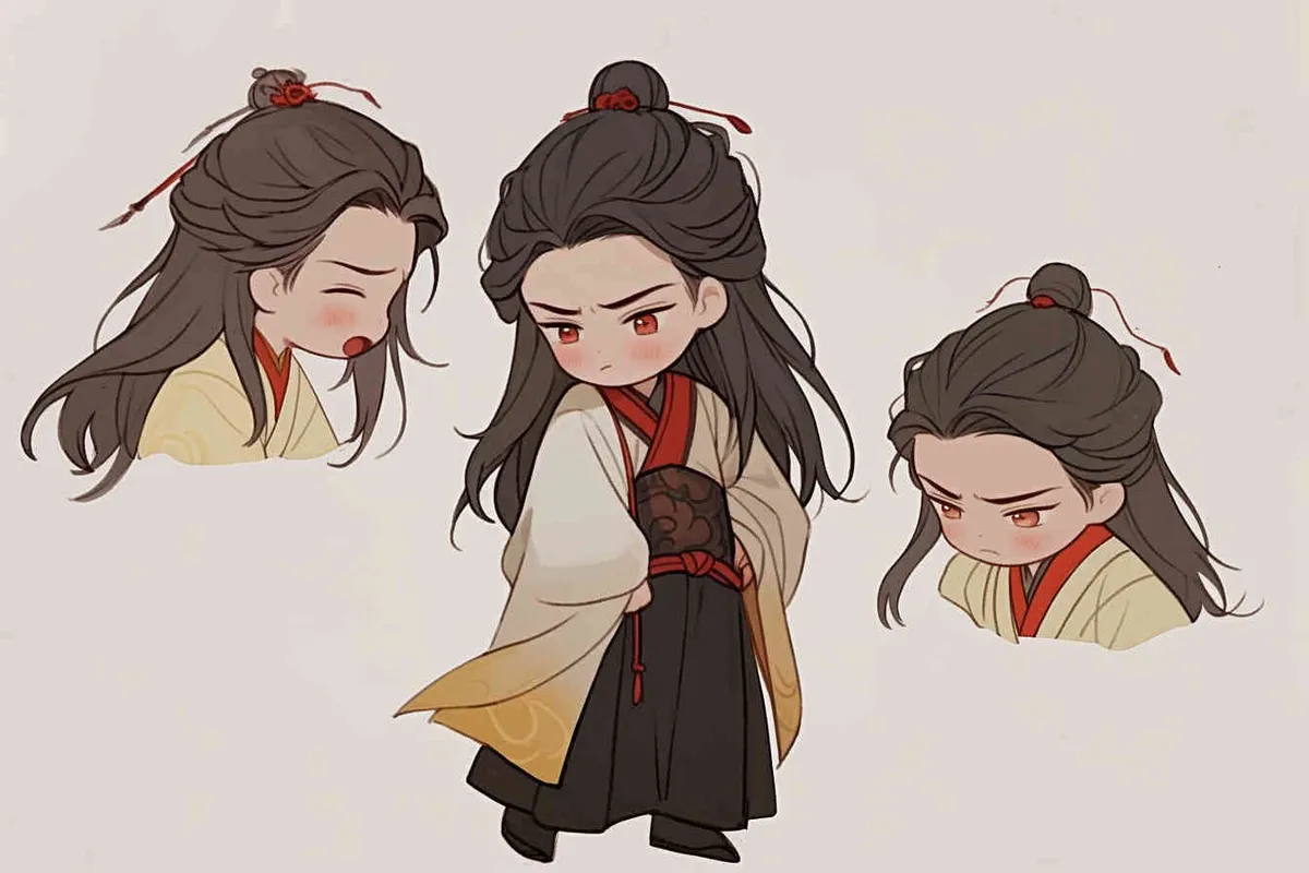 Nine postures and expressions, happy, angry, sad, crying, cute, looking forward, disappointed, surprised, speechless, shy, a Q-version ancient costume boy, wearing a light yellow Taoist robe, red cuffs, long hair half tied, red headband, long hair shawl, eight shaped bangs, white background, DeI stijil, chibi style, sharp illustrations, bold lines and solid colors, simple details, minimalism, line art, sticker art, - s750 niji 5 - style4部分