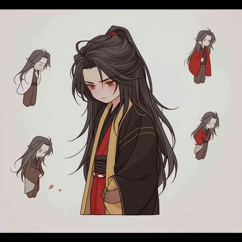 Nine postures and expressions, happy, angry, sad, crying, cute, looking forward, disappointed, surprised, speechless, shy, a Q-version ancient costume boy, wearing a light yellow Taoist robe, red cuffs, long hair half tied, red headband, long hair shawl, eight shaped bangs, white background, DeI stijil, chibi style, sharp illustrations, bold lines and solid colors, simple details, minimalism, line art, sticker art, - s750 niji 5 - style1部分