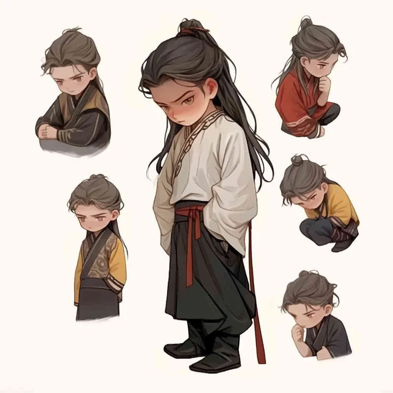 Nine postures and expressions, happy, angry, sad, crying, cute, looking forward, disappointed, surprised, speechless, shy, a Q-version ancient costume boy, wearing a light yellow Taoist robe, red cuffs, long hair half tied, red headband, long hair shawl, eight shaped bangs, white background, DeI stijil, chibi style, sharp illustrations, bold lines and solid colors, simple details, minimalism, line art, sticker art, - s750 niji 5 - style2部分