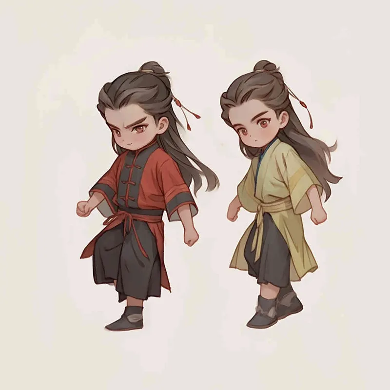 Nine postures and expressions, happy, angry, sad, crying, cute, looking forward, disappointed, surprised, speechless, shy, a Q-version ancient costume boy, wearing a light yellow Taoist robe, red cuffs, long hair half tied, red headband, long hair shawl, eight shaped bangs, white background, DeI stijil, chibi style, sharp illustrations, bold lines and solid colors, simple details, minimalism, line art, sticker art, - s750 niji 5 - style3部分