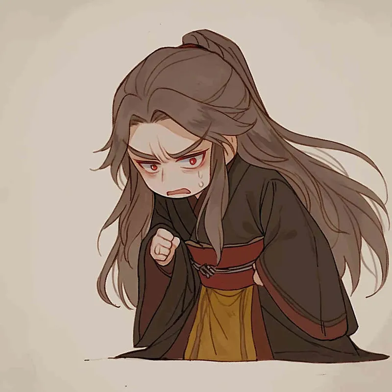 Nine postures and expressions, happy, angry, sad, crying, cute, looking forward, disappointed, surprised, speechless, shy, a Q-version ancient costume boy, wearing a light yellow Taoist robe, red cuffs, long hair half tied, red headband, long hair shawl, eight shaped bangs, white background, DeI stijil, chibi style, sharp illustrations, bold lines and solid colors, simple details, minimalism, line art, sticker art, - s750 niji 5 - style4部分