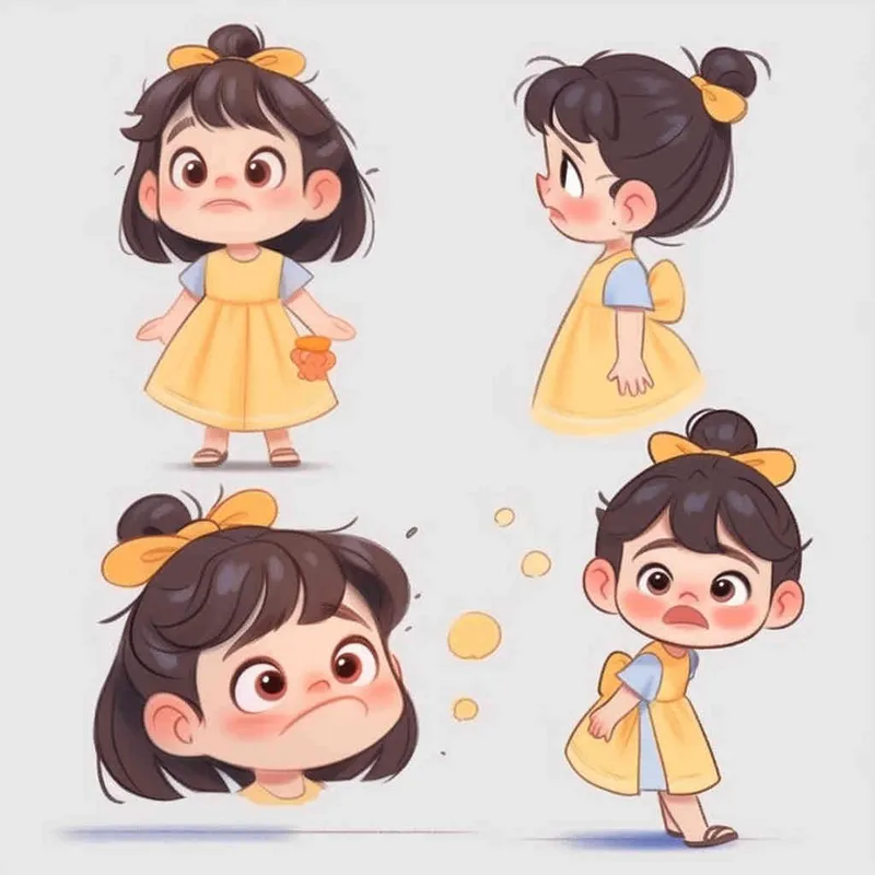 Nine postures and expressions, happy, angry, sad, crying, cute, looking forward, disappointed, surprised, speechless, shy, a Q-version ancient costume boy, wearing a light yellow Taoist robe, red cuffs, long hair half tied, red headband, long hair shawl, eight shaped bangs, white background, DeI stijil, chibi style, sharp illustrations, bold lines and solid colors, simple details, minimalism, line art, sticker art, - s750 niji 5 - style2部分
