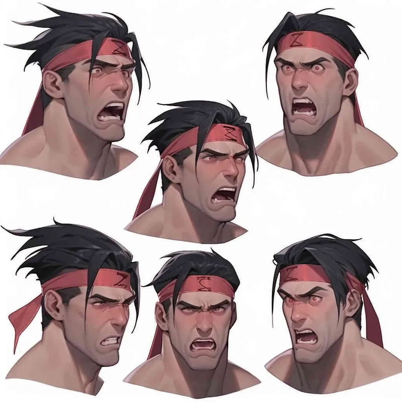 Nine postures and expressions, happy, angry, sad, crying, cute, looking forward, disappointed, surprised, speechless, shy, a Q-version ancient costume boy, wearing a light yellow Taoist robe, red cuffs, long hair half tied, red headband, long hair shawl, eight shaped bangs, white background, DeI stijil, chibi style, sharp illustrations, bold lines and solid colors, simple details, minimalism, line art, sticker art, - s750 niji 5 - style3部分