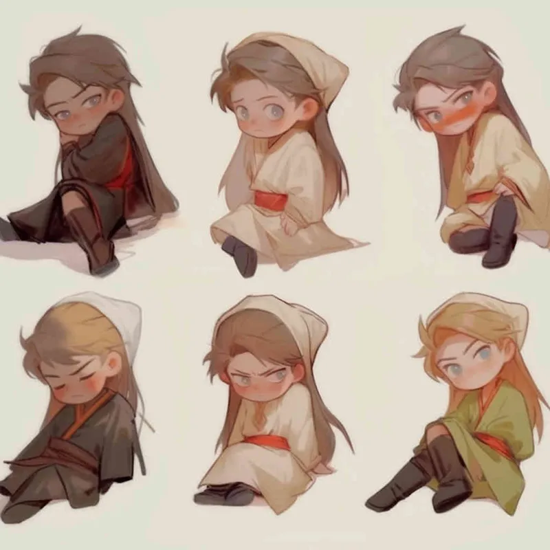 Nine postures and expressions, happy, angry, sad, crying, cute, looking forward, disappointed, surprised, speechless, shy, head close-up, a Q-version ancient costume boy, wearing a light yellow Taoist robe, red cuffs, long hair half tied, red headband, long hair shawl, figure eight bangs, white background, DeI stijil, red wall style, vivid illustrations, bold lines and solid colors, simple details, minimalism, line art, sticker art, - s750 niji 5
 - style1部分