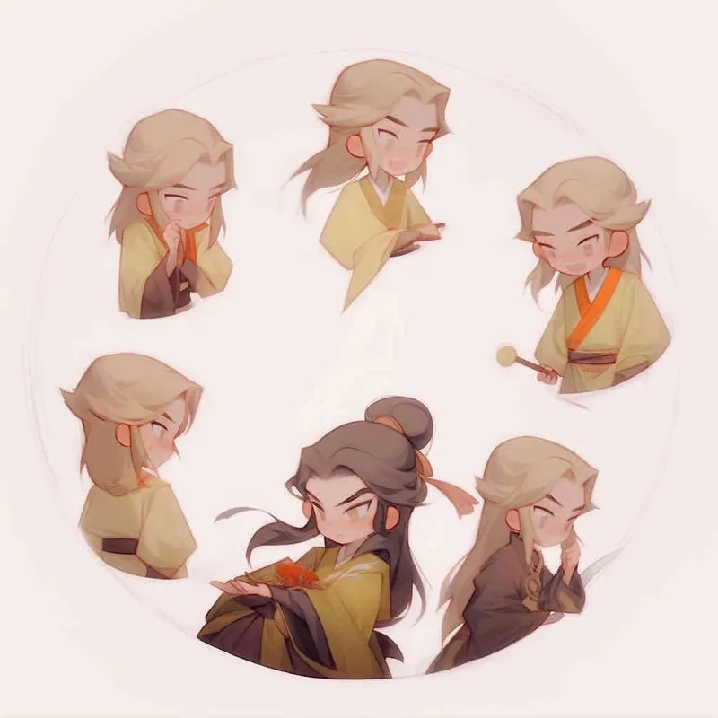 Nine postures and expressions, happy, angry, sad, crying, cute, looking forward, disappointed, surprised, speechless, shy, head close-up, a Q-version ancient costume boy, wearing a light yellow Taoist robe, red cuffs, long hair half tied, red headband, long hair shawl, figure eight bangs, white background, DeI stijil, red wall style, vivid illustrations, bold lines and solid colors, simple details, minimalism, line art, sticker art, - s750 niji 5
 - style2部分