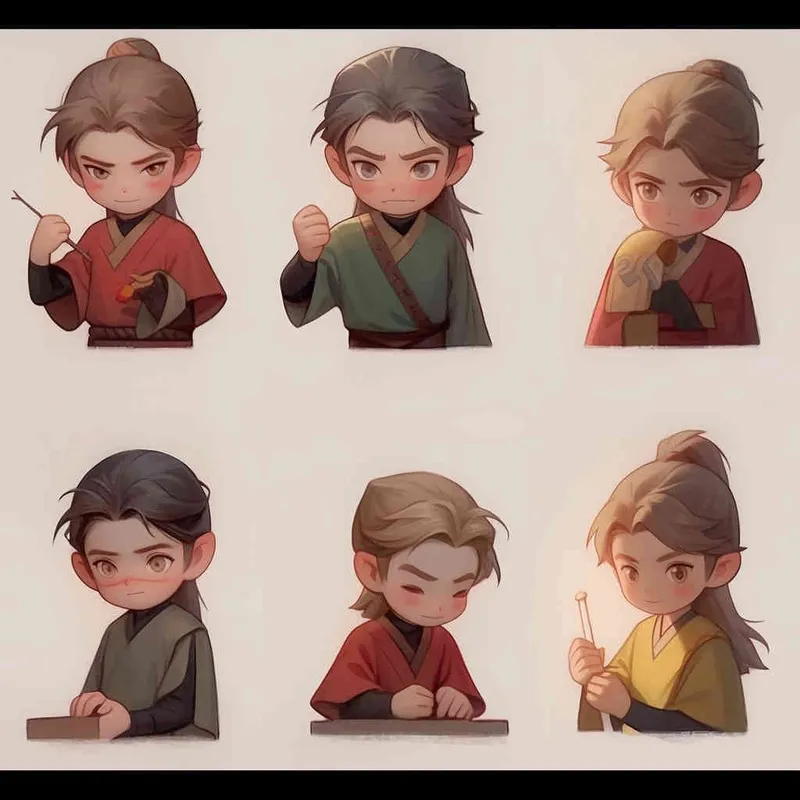 Nine postures and expressions, happy, angry, sad, crying, cute, looking forward, disappointed, surprised, speechless, shy, head close-up, a Q-version ancient costume boy, wearing a light yellow Taoist robe, red cuffs, long hair half tied, red headband, long hair shawl, figure eight bangs, white background, DeI stijil, red wall style, vivid illustrations, bold lines and solid colors, simple details, minimalism, line art, sticker art, - s750 niji 5
 - style4部分