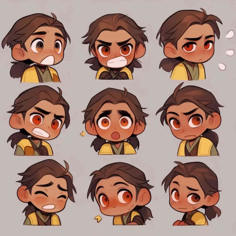 Nine postures and expressions, happy, angry, sad, crying, cute, looking forward, disappointed, surprised, speechless, shy, head close-up, a Q-version ancient costume boy, wearing a light yellow Taoist robe, red cuffs, long hair half tied, red headband, long hair shawl, figure eight bangs, white background, DeI stijil, red wall style, vivid illustrations, bold lines and solid colors, simple details, minimalism, line art, sticker art, - s750 niji 5
 - style1部分