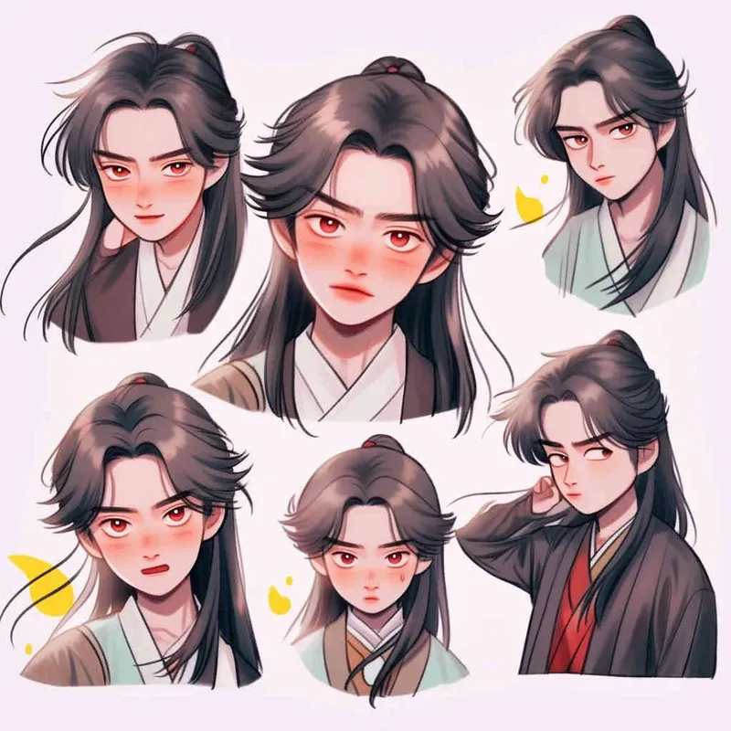 Nine postures and expressions, happy, angry, sad, crying, cute, looking forward, disappointed, surprised, speechless, shy, head close-up, a Q-version ancient costume boy, wearing a light yellow Taoist robe, red cuffs, long hair half tied, red headband, long hair shawl, figure eight bangs, white background, DeI stijil, red wall style, vivid illustrations, bold lines and solid colors, simple details, minimalism, line art, sticker art, - s750 niji 5
 - style2部分