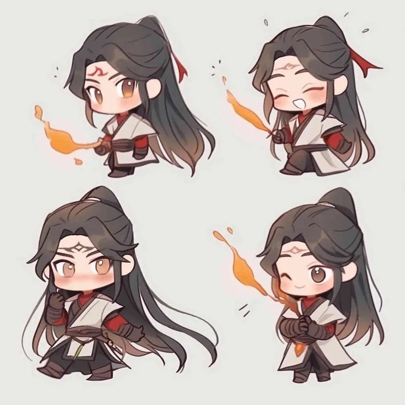 Nine postures and expressions, happy, angry, sad, crying, cute, looking forward, disappointed, surprised, speechless, shy, head close-up, a Q-version ancient costume boy, wearing a light yellow Taoist robe, red cuffs, long hair half tied, red headband, long hair shawl, figure eight bangs, white background, DeI stijil, red wall style, vivid illustrations, bold lines and solid colors, simple details, minimalism, line art, sticker art, - s750 niji 5
 - style3部分