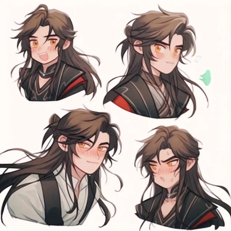 Nine postures and expressions, happy, angry, sad, crying, cute, looking forward, disappointed, surprised, speechless, shy, head close-up, a Q-version ancient costume boy, wearing a light yellow Taoist robe, red cuffs, long hair half tied, red headband, long hair shawl, figure eight bangs, white background, DeI stijil, red wall style, vivid illustrations, bold lines and solid colors, simple details, minimalism, line art, sticker art, - s750 niji 5
 - style4部分
