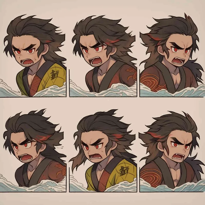 Nine postures and expressions, happy, angry, sad, crying, cute, looking forward, disappointed, surprised, speechless, shy, head close-up, a Q-version ancient costume boy, wearing a light yellow Taoist robe, red cuffs, long hair half tied, red headband, long hair shawl, figure eight bangs, white background, DeI stijil, red wall style, vivid illustrations, bold lines and solid colors, simple details, minimalism, line art, sticker art, - s750 niji 5 - style1部分