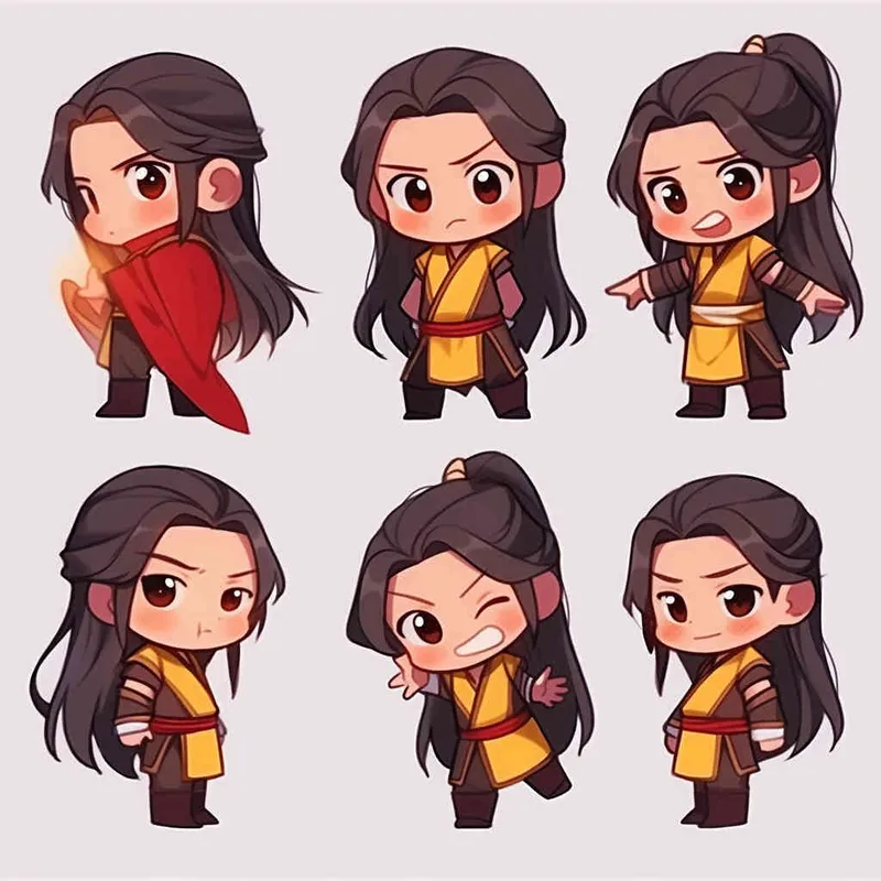 Nine postures and expressions, happy, angry, sad, crying, cute, looking forward, disappointed, surprised, speechless, shy, head close-up, a Q-version ancient costume boy, wearing a light yellow Taoist robe, red cuffs, long hair half tied, red headband, long hair shawl, figure eight bangs, white background, DeI stijil, red wall style, vivid illustrations, bold lines and solid colors, simple details, minimalism, line art, sticker art, - s750 niji 5 - style2部分