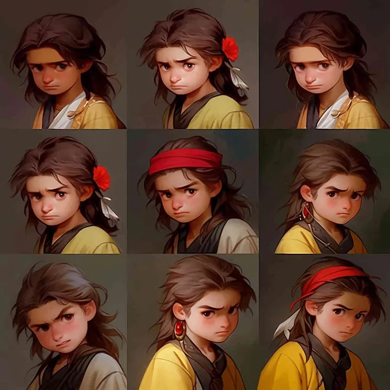 Nine postures and expressions, happy, angry, sad, crying, cute, looking forward, disappointed, surprised, speechless, shy, head close-up, a Q-version ancient costume boy, wearing a light yellow Taoist robe, red cuffs, long hair half tied, red headband, long hair shawl, figure eight bangs, white background, DeI stijil, red wall style, vivid illustrations, bold lines and solid colors, simple details, minimalism, line art, sticker art, - s750 niji 5 - style3部分