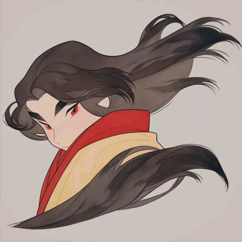 Nine postures and expressions, happy, angry, sad, crying, cute, looking forward, disappointed, surprised, speechless, shy, head close-up, a Q-version ancient costume boy, wearing a light yellow Taoist robe, red cuffs, long hair half tied, red headband, long hair shawl, figure eight bangs, white background, DeI stijil, red wall style, vivid illustrations, bold lines and solid colors, simple details, minimalism, line art, sticker art, - s750 niji 5 - style4部分