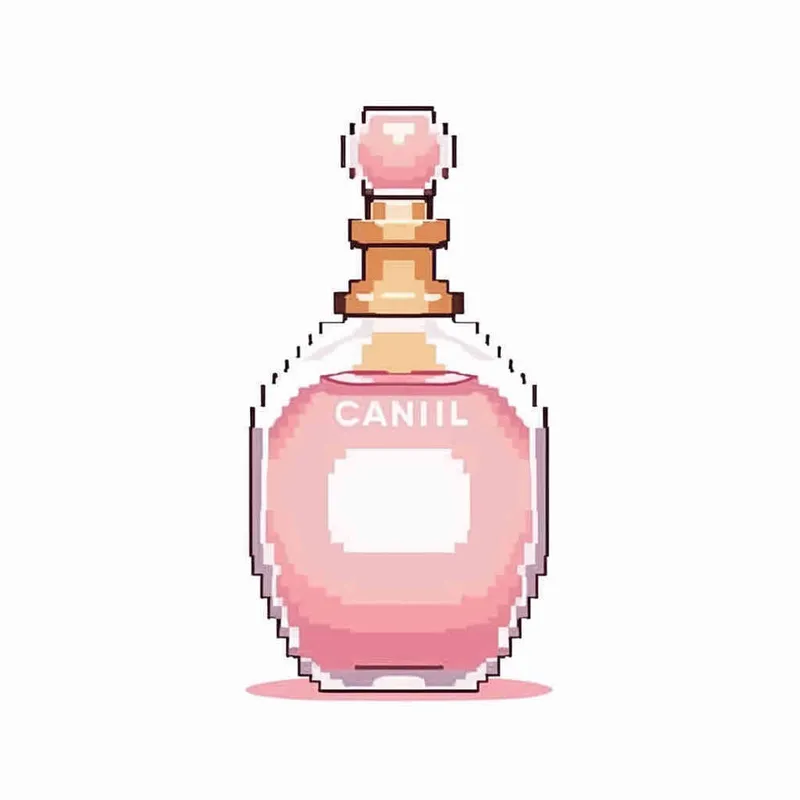16- bits pixel art , Chanel pink perfume，pink circular bottle body, white square bottle cap，white background, large canvas format ,-- niji 4 - style1部分