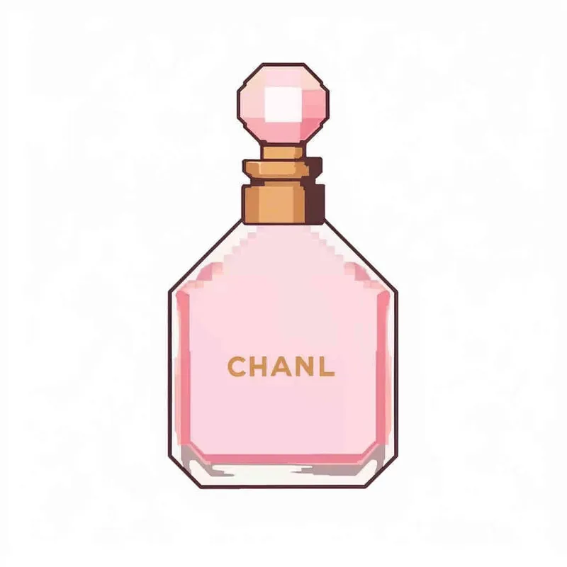 16- bits pixel art , Chanel pink perfume，pink circular bottle body, white square bottle cap，white background, large canvas format ,-- niji 4 - style2部分