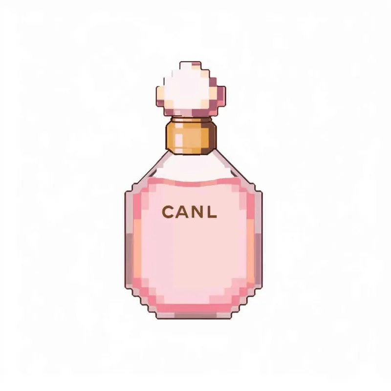 16- bits pixel art , Chanel pink perfume，pink circular bottle body, white square bottle cap，white background, large canvas format ,-- niji 4 - style3部分