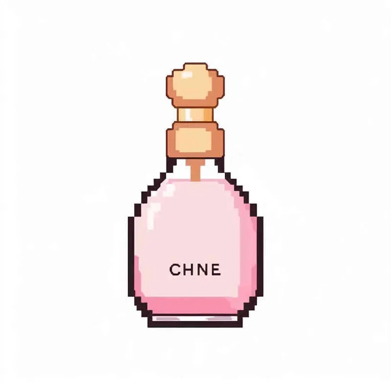 16- bits pixel art , Chanel pink perfume，pink circular bottle body, white square bottle cap，white background, large canvas format ,-- niji 4 - style4部分