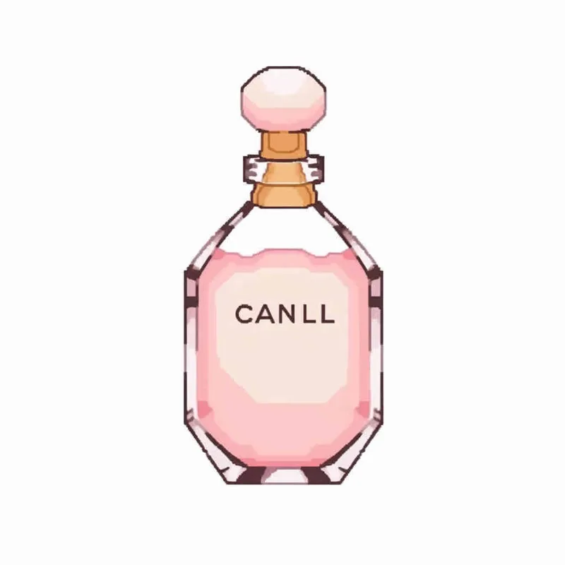 16- bits pixel art , Chanel pink perfume，pink circular bottle body, white square bottle cap，there is black Chanel text on the bottle body， white background, large canvas format ,-- niji 4 - style2部分