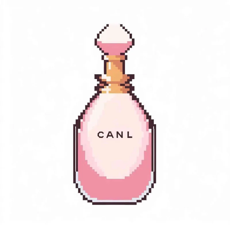 16- bits pixel art , Chanel pink perfume，pink circular bottle body, white square bottle cap，there is black Chanel text on the bottle body， white background, large canvas format ,-- niji 4 - style3部分