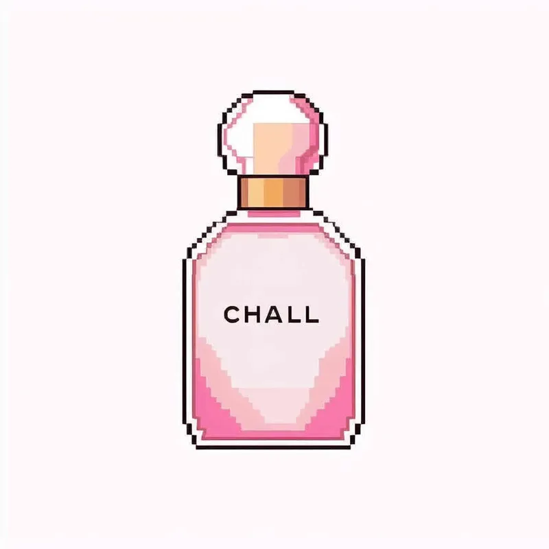 16- bits pixel art , Chanel pink perfume，pink circular bottle body, white square bottle cap，there is black Chanel text on the bottle body， white background, large canvas format ,-- niji 4 - style4部分