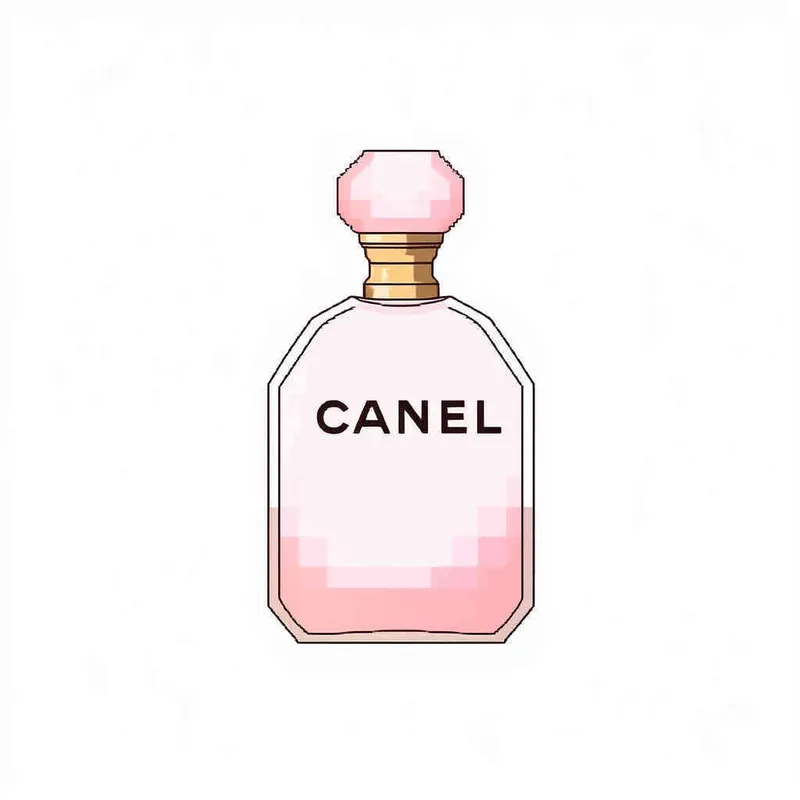 16- bits pixel art , Chanel pink perfume，pink circular bottle body, white square bottle cap，there is black Chanel text on the bottle body， white background, large canvas format ,-- niji 4 - style1部分