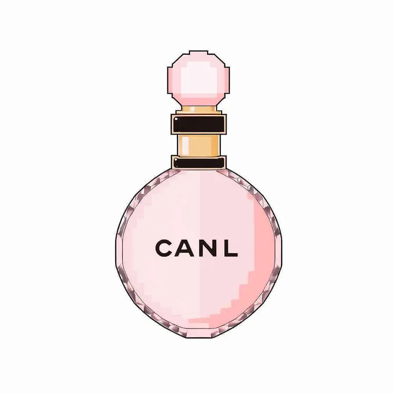 16- bits pixel art , Chanel pink perfume，pink circular bottle body, white square bottle cap，there is black Chanel text on the bottle body， white background, large canvas format ,-- niji 4 - style2部分