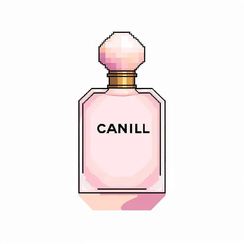 16- bits pixel art , Chanel pink perfume，pink circular bottle body, white square bottle cap，there is black Chanel text on the bottle body， white background, large canvas format ,-- niji 4 - style4部分