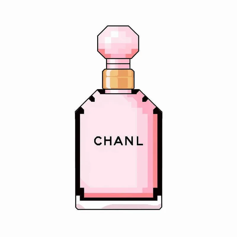 16- bits pixel art , Chanel pink perfume，pink circular bottle body, white square bottle cap，there is black Chanel text on the bottle body， white background, large canvas format ,-- niji 4 - style1部分