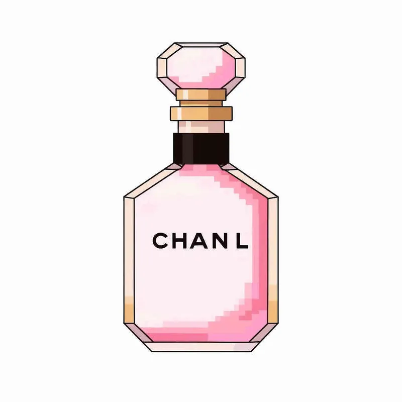 16- bits pixel art , Chanel pink perfume，pink circular bottle body, white square bottle cap，there is black Chanel text on the bottle body， white background, large canvas format ,-- niji 4 - style4部分