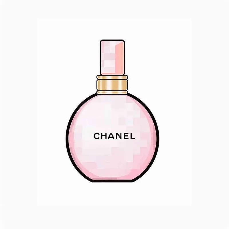 16- bits pixel art , Chanel pink perfume，pink circular bottle body, white square bottle cap，there is black Chanel text on the bottle body， round perfume bottle,  white background, large canvas format ， pixel grid style - style2部分